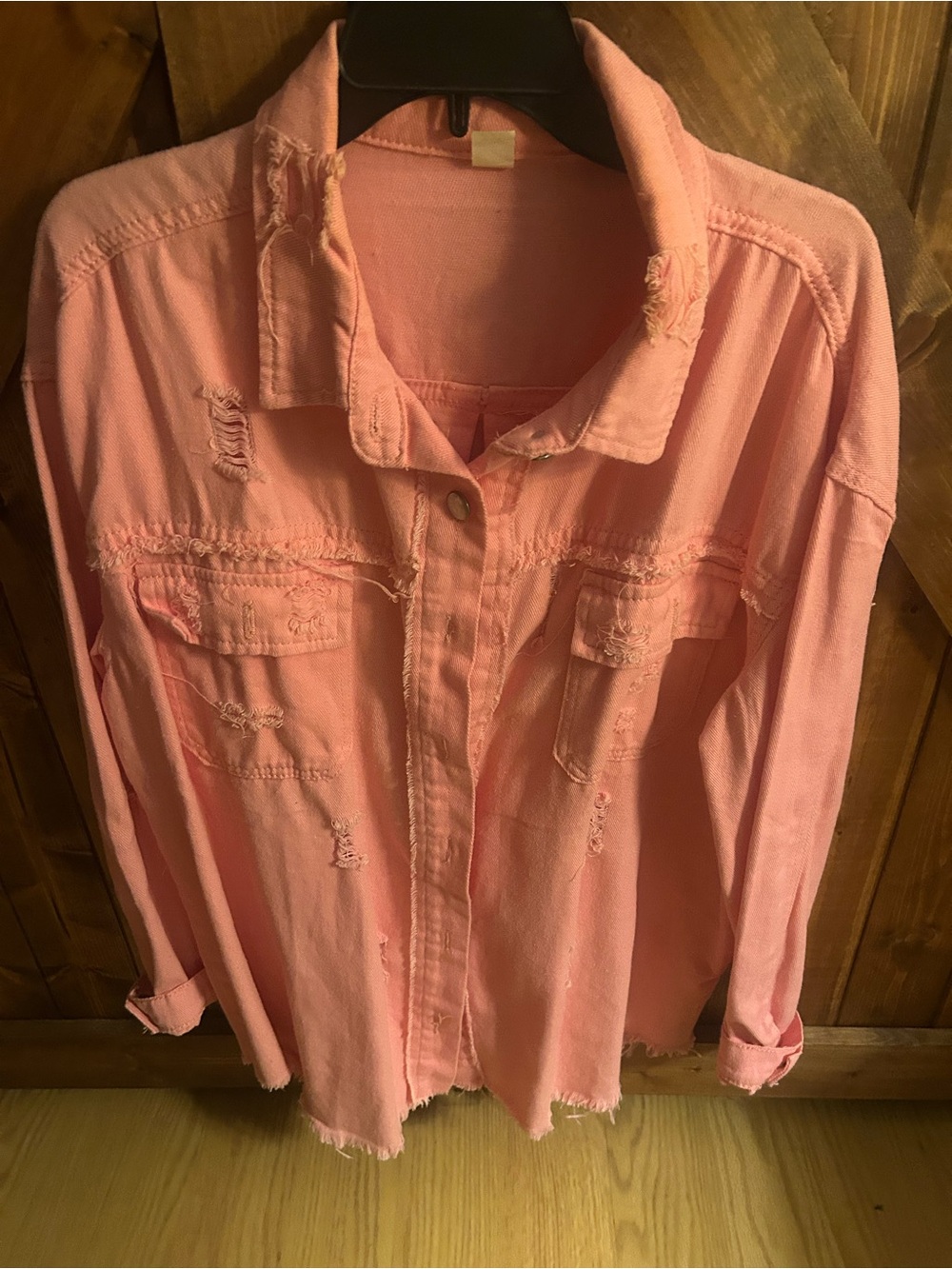Relaxed Pink Distressed Button-Up Shirt
